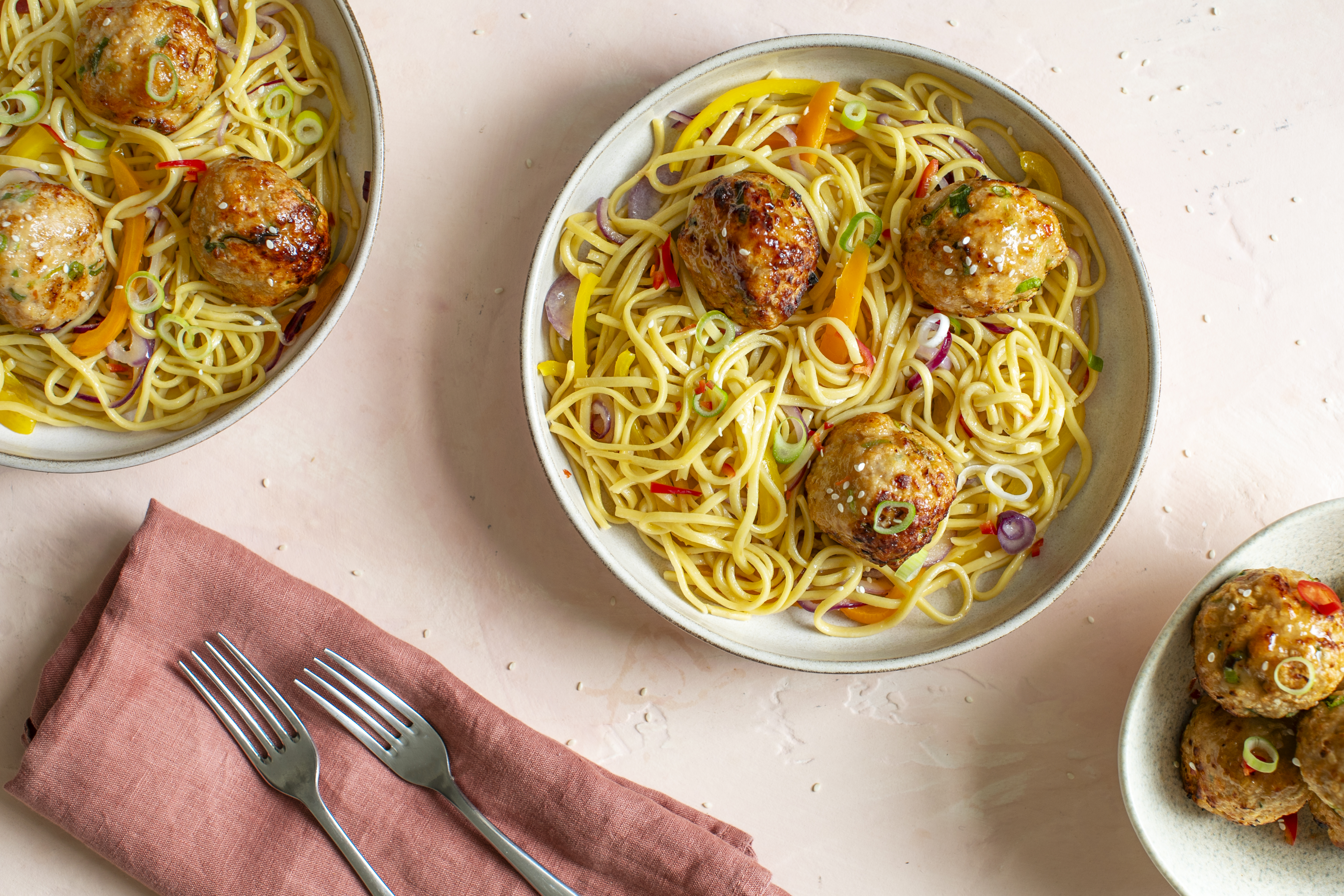 Air Fryer Chilli Jam Chicken Meatballs & Noodles
