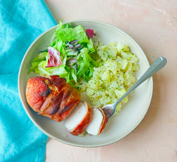 Bacon Wrapped Chicken with Crushed Herby Potatoes