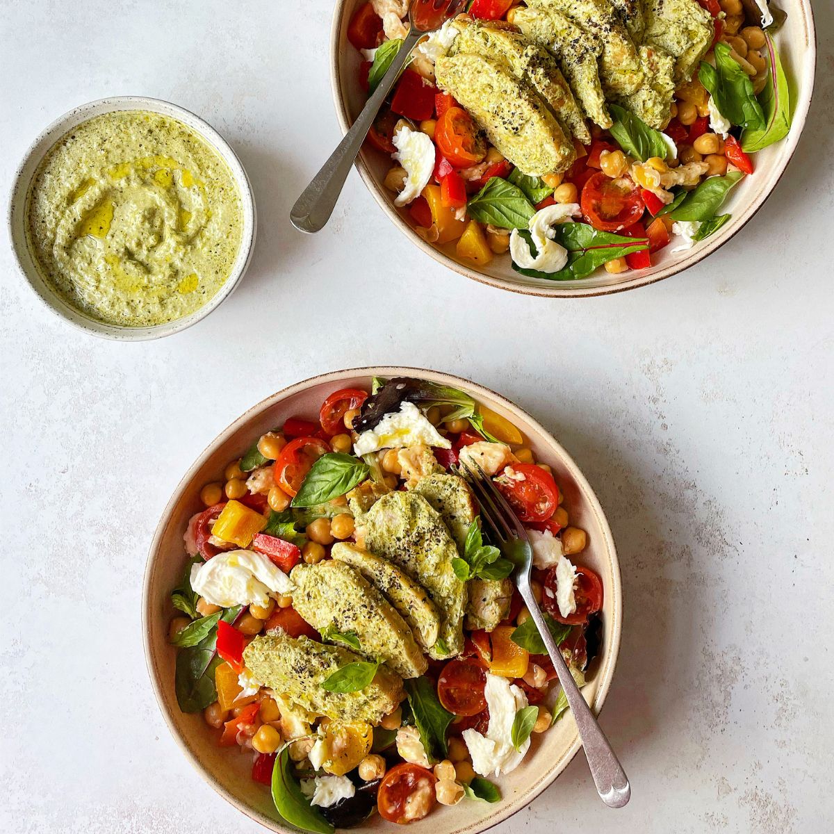 Chicken Pesto Caprese Chickpea Bowls