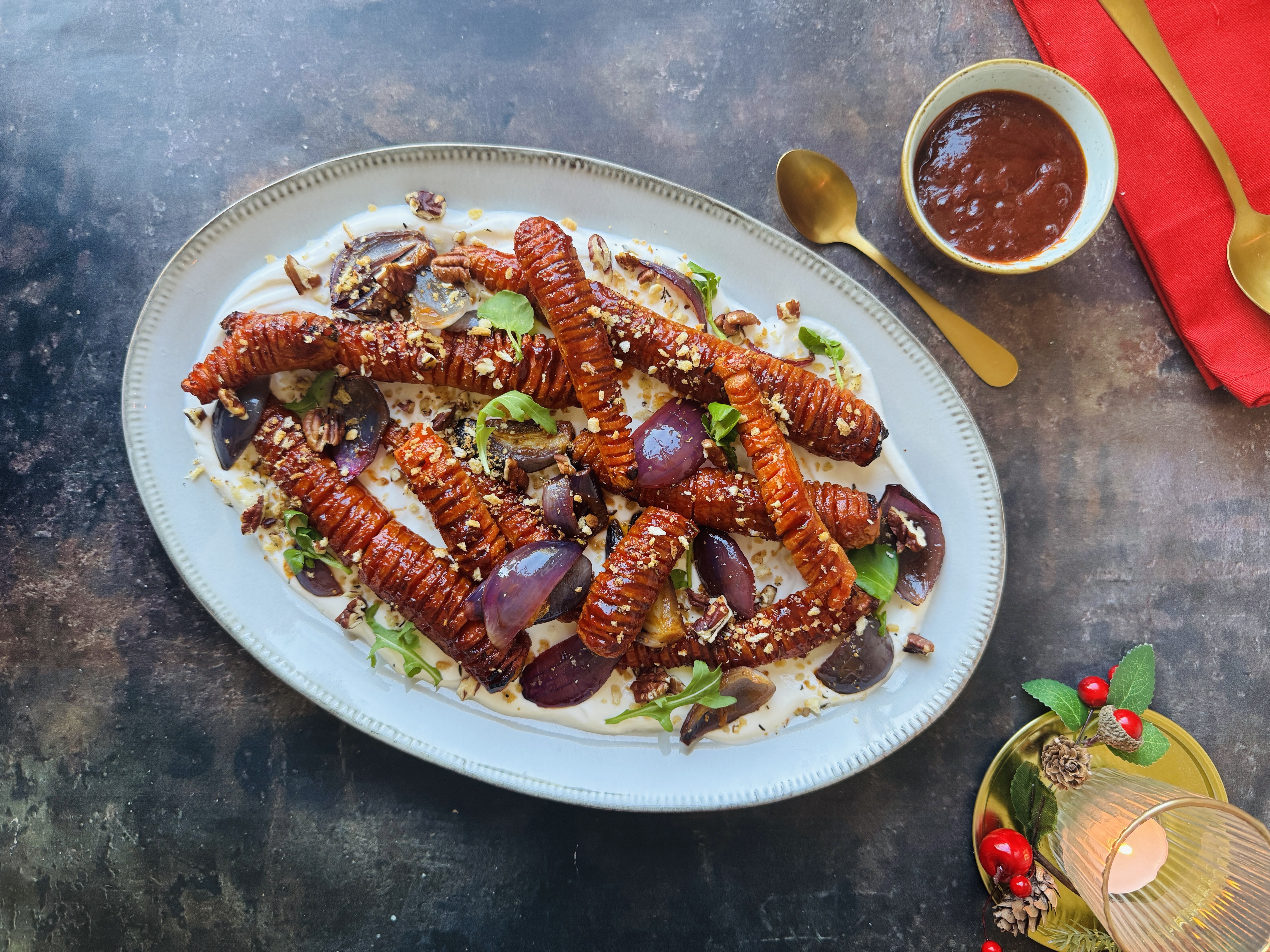 Cranberry Gochujang Glazed Hasselback Carrots