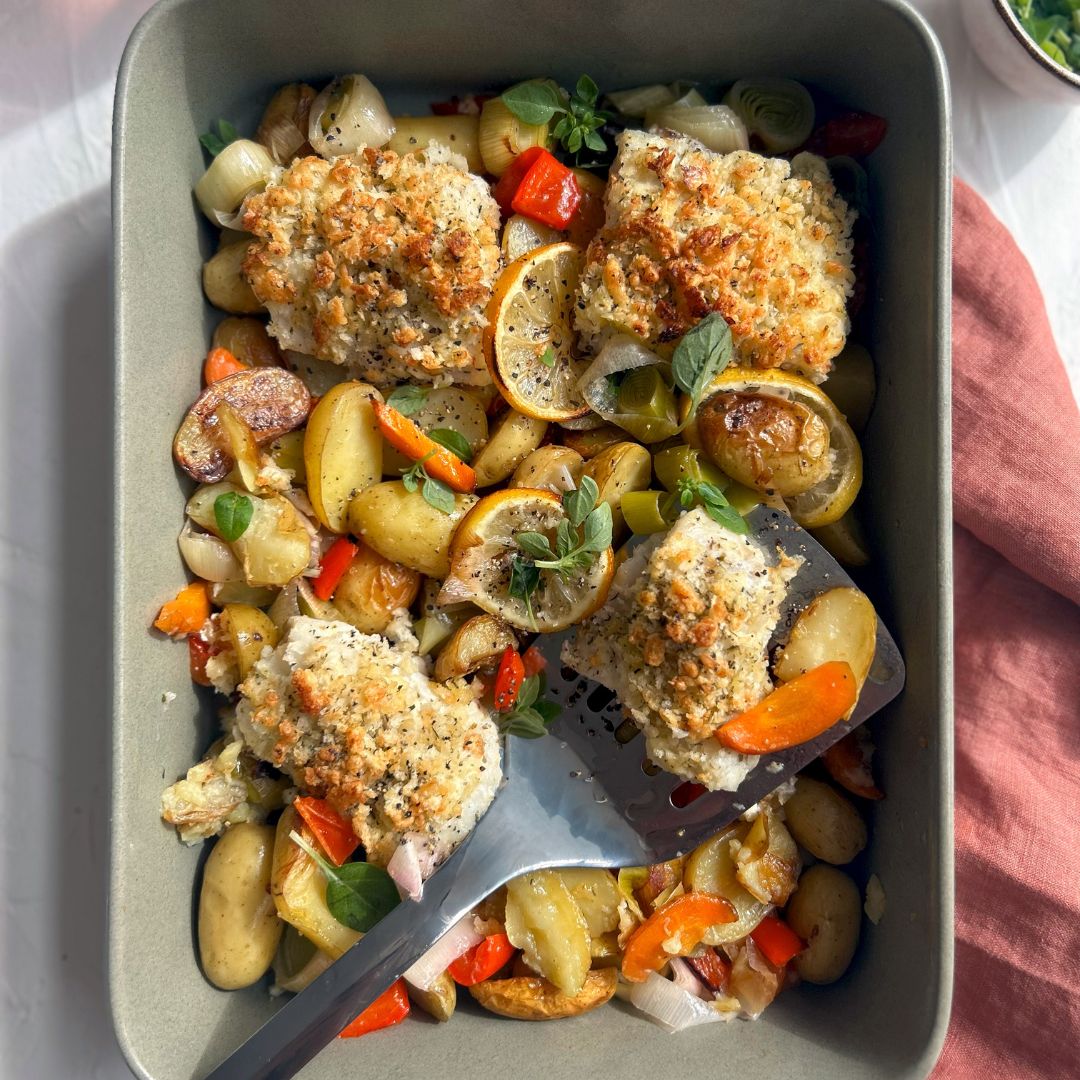 Crispy Cheddar Fish & Potato Traybake