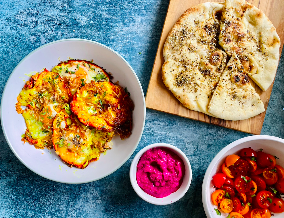 Crispy Turmeric Eggs, Beetroot Houmous & Flatbreads