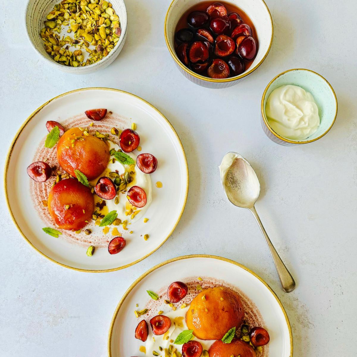 Hot Honey Peaches, Cherries & Cream