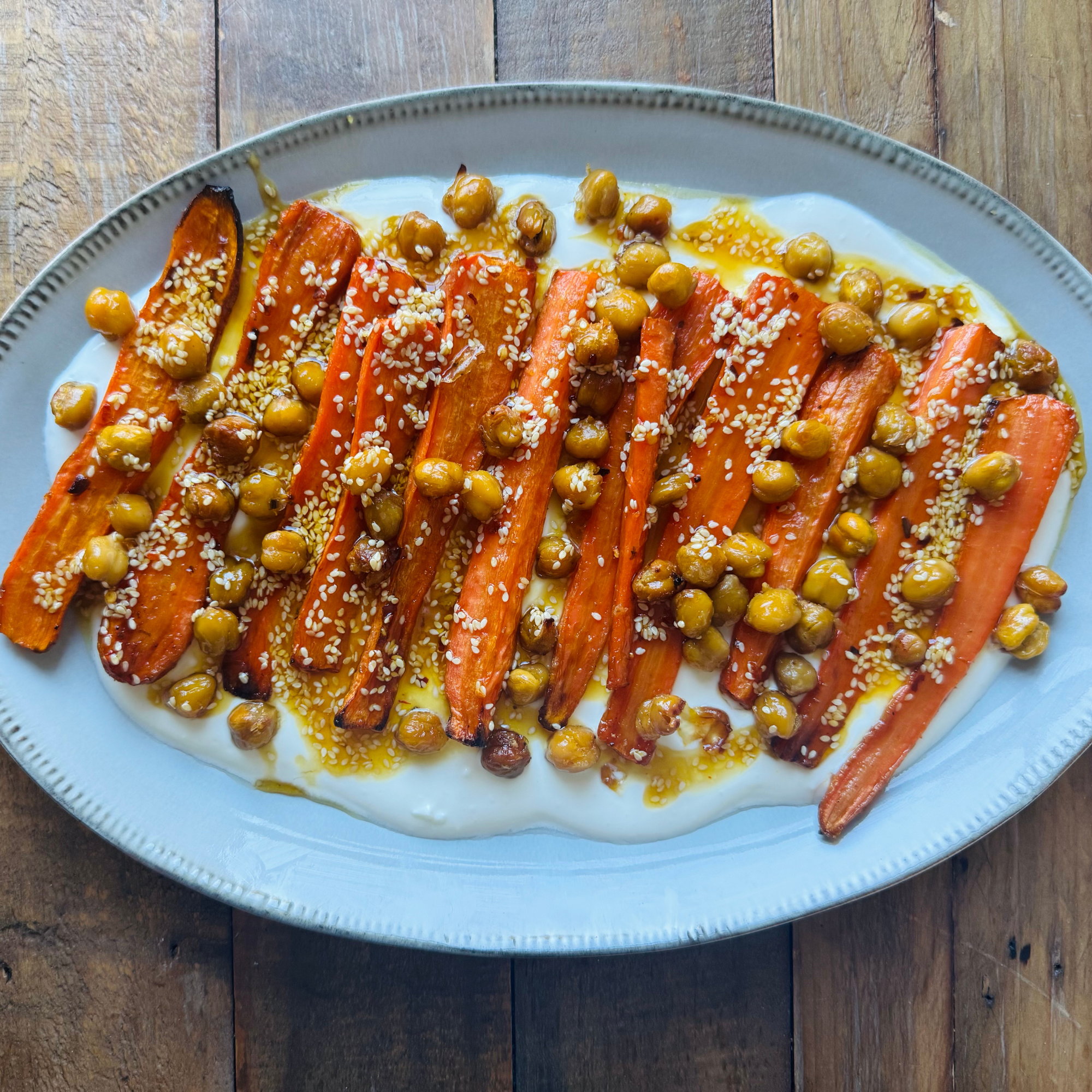 Hot Maple Sesame Glazed Carrots & Chickpeas with Whipped Lemony Feta