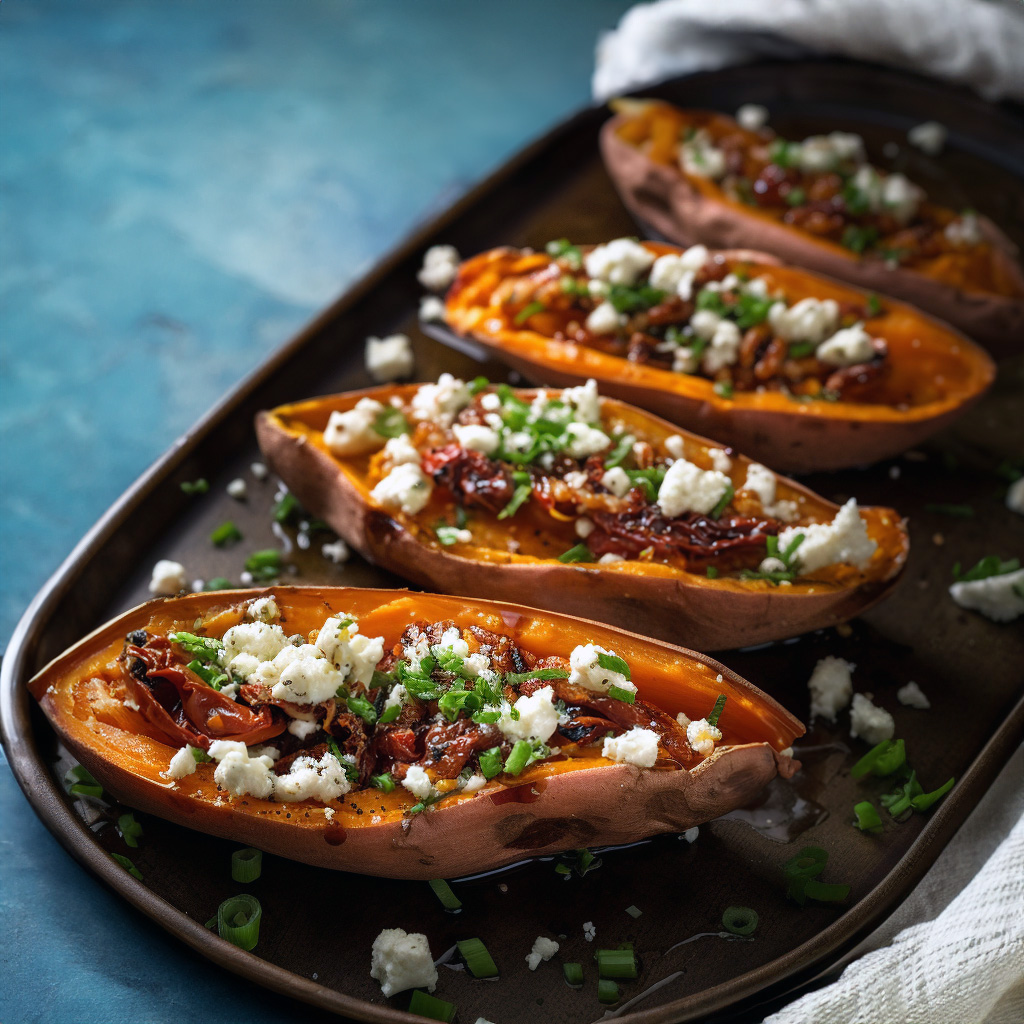 Loaded Harissa & Feta Baked Sweet Potatoes