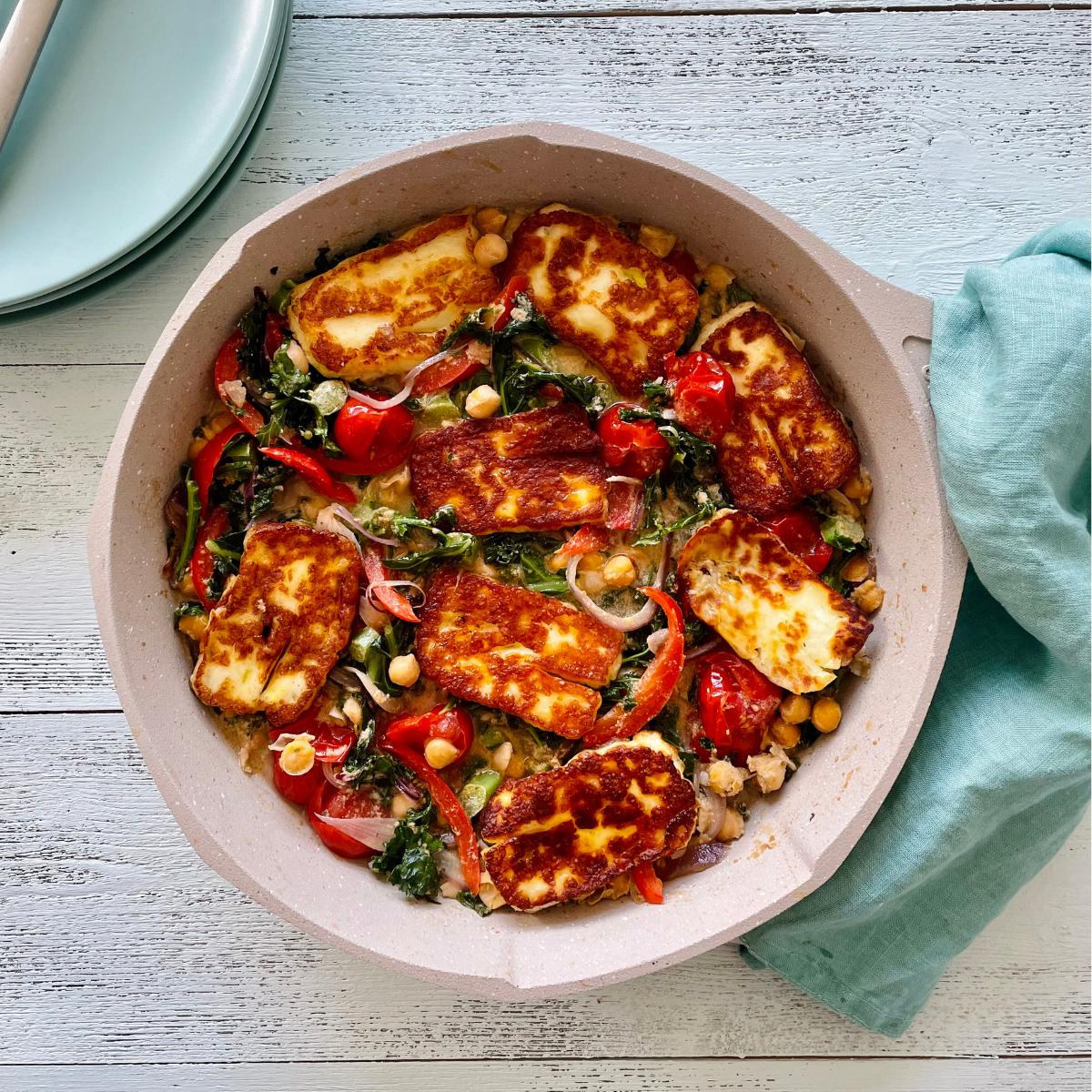 One Pan Speedy Halloumi, Chickpea & Kale