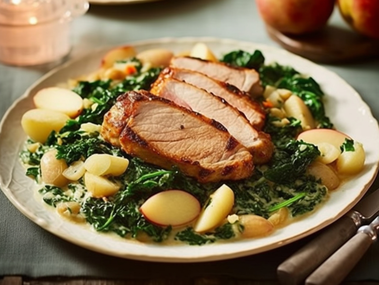 Pork Chop with Apple & Braised Butter  Beans