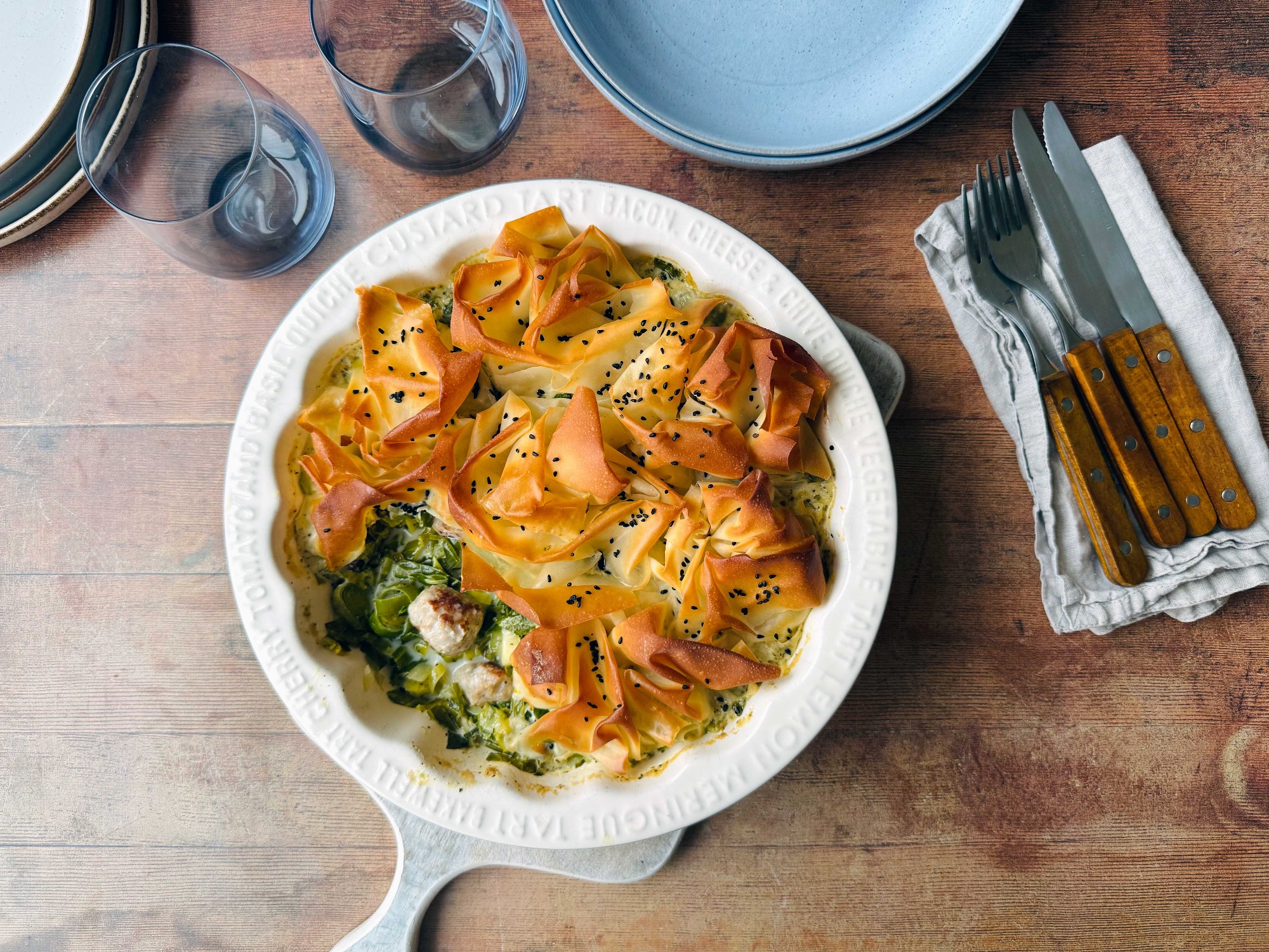 Sausage & Spring Greens Filo Pie