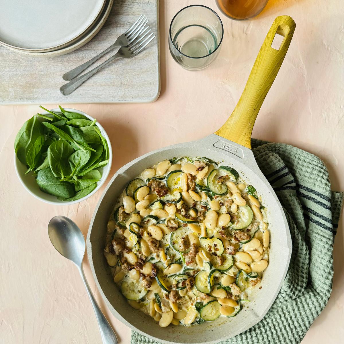 Sizzled Sausages & Creamy Butter Beans Greens