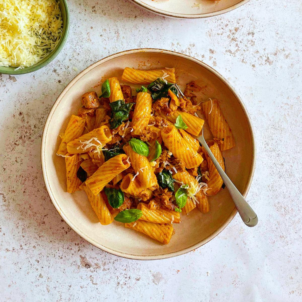 Speedy Sausage Pesto Pasta