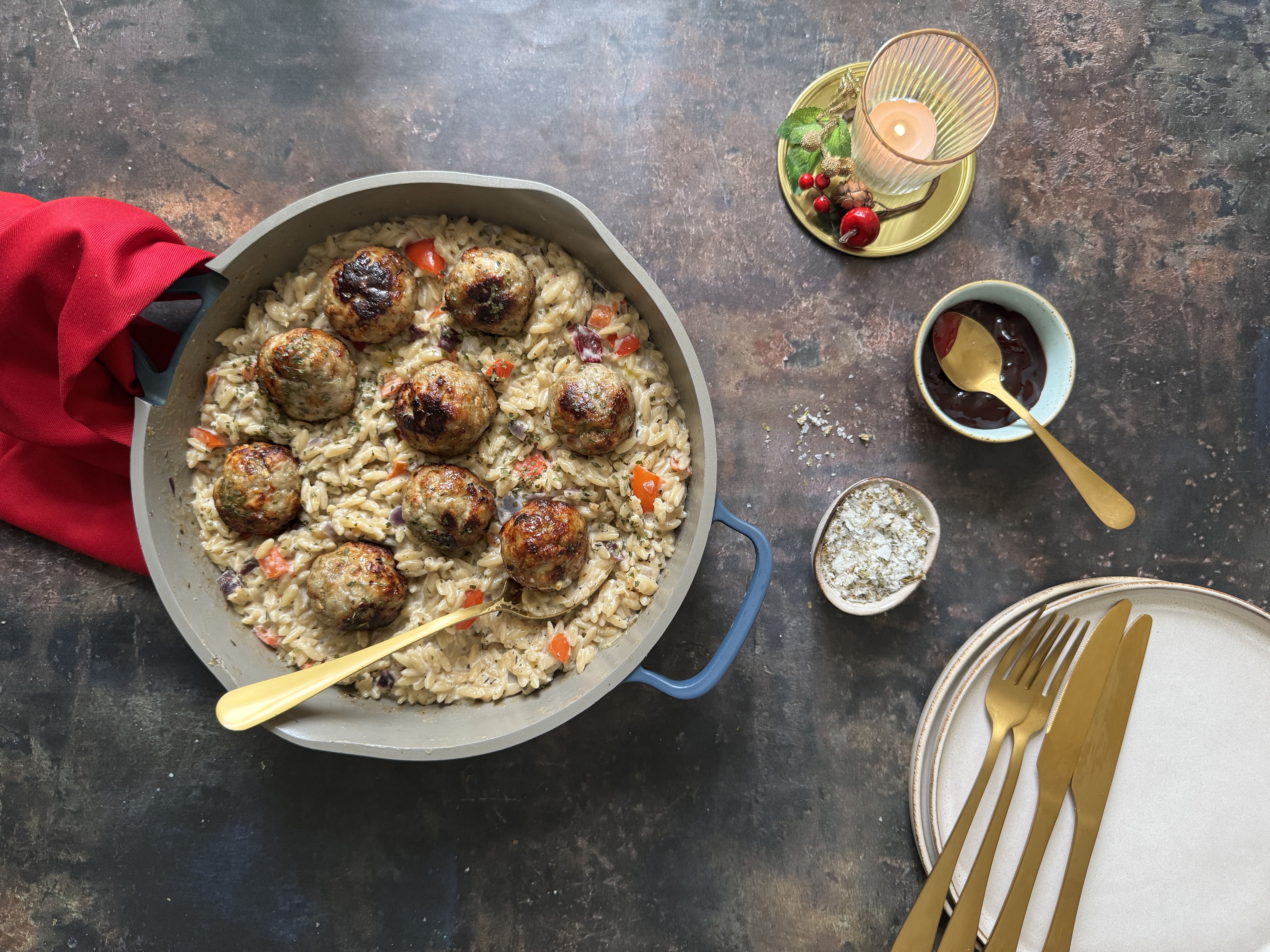 Turkey & Stuffing Meatballs with Creamy Orzo